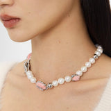 Patchwork Pearl Pink Tulip Collarbone Necklace