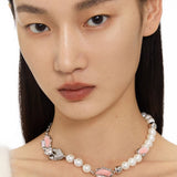 Patchwork Pearl Pink Tulip Collarbone Necklace