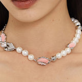 Patchwork Pearl Pink Tulip Collarbone Necklace